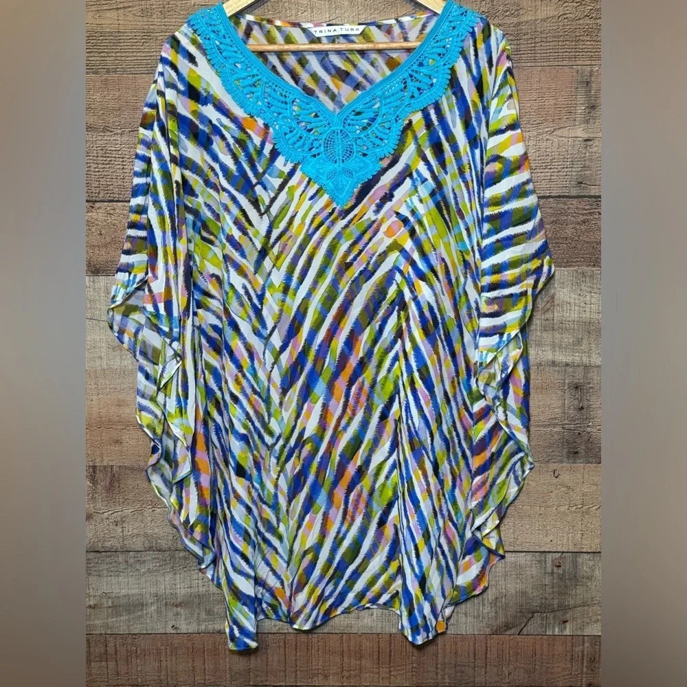 Trina Turk Anissa Caftan Multi-Colored Animal Print w/ Crochet Appliqué size 6